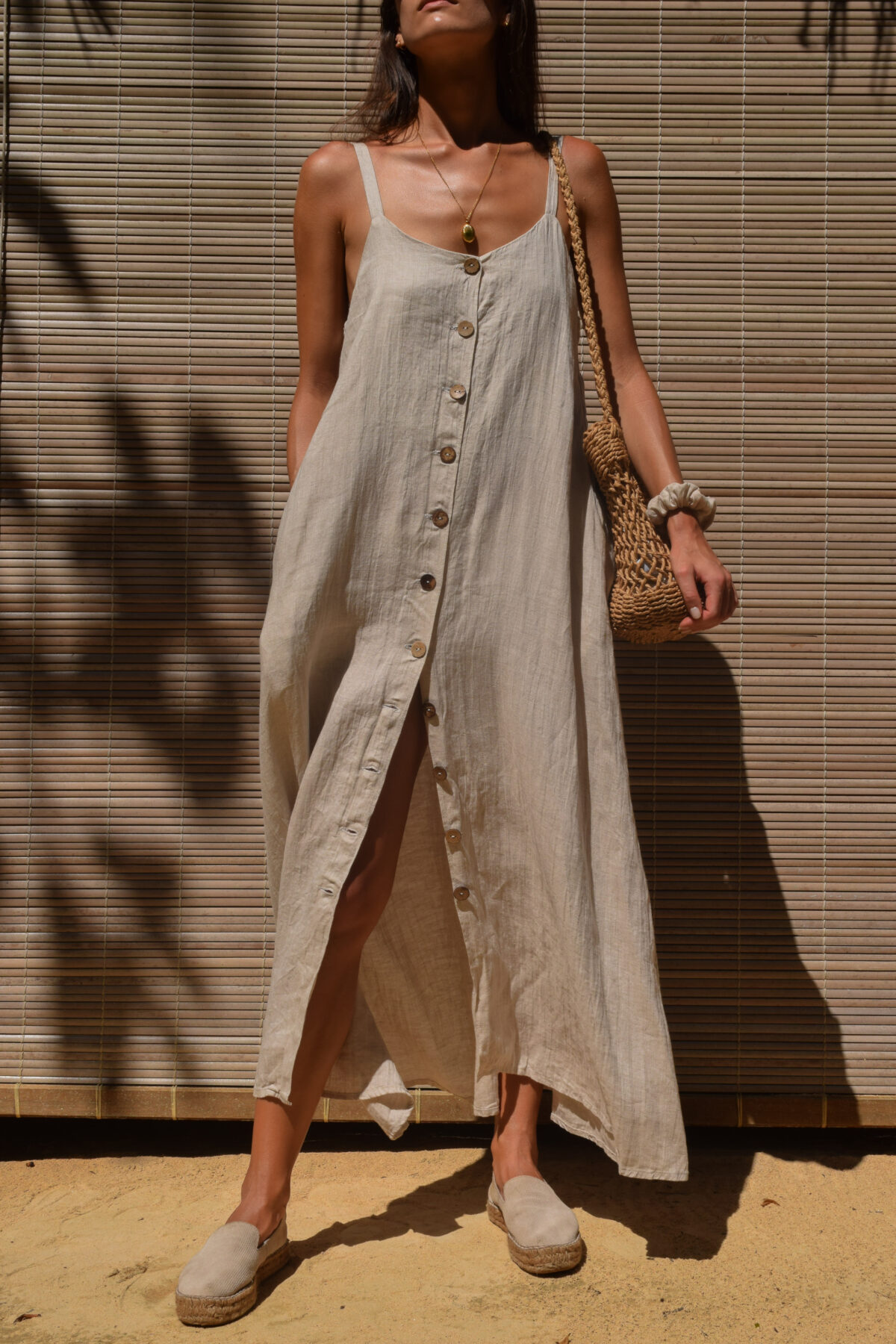 LINEN CLASSY MAXI DRESS - CREAMY GRAY - obrazek 3