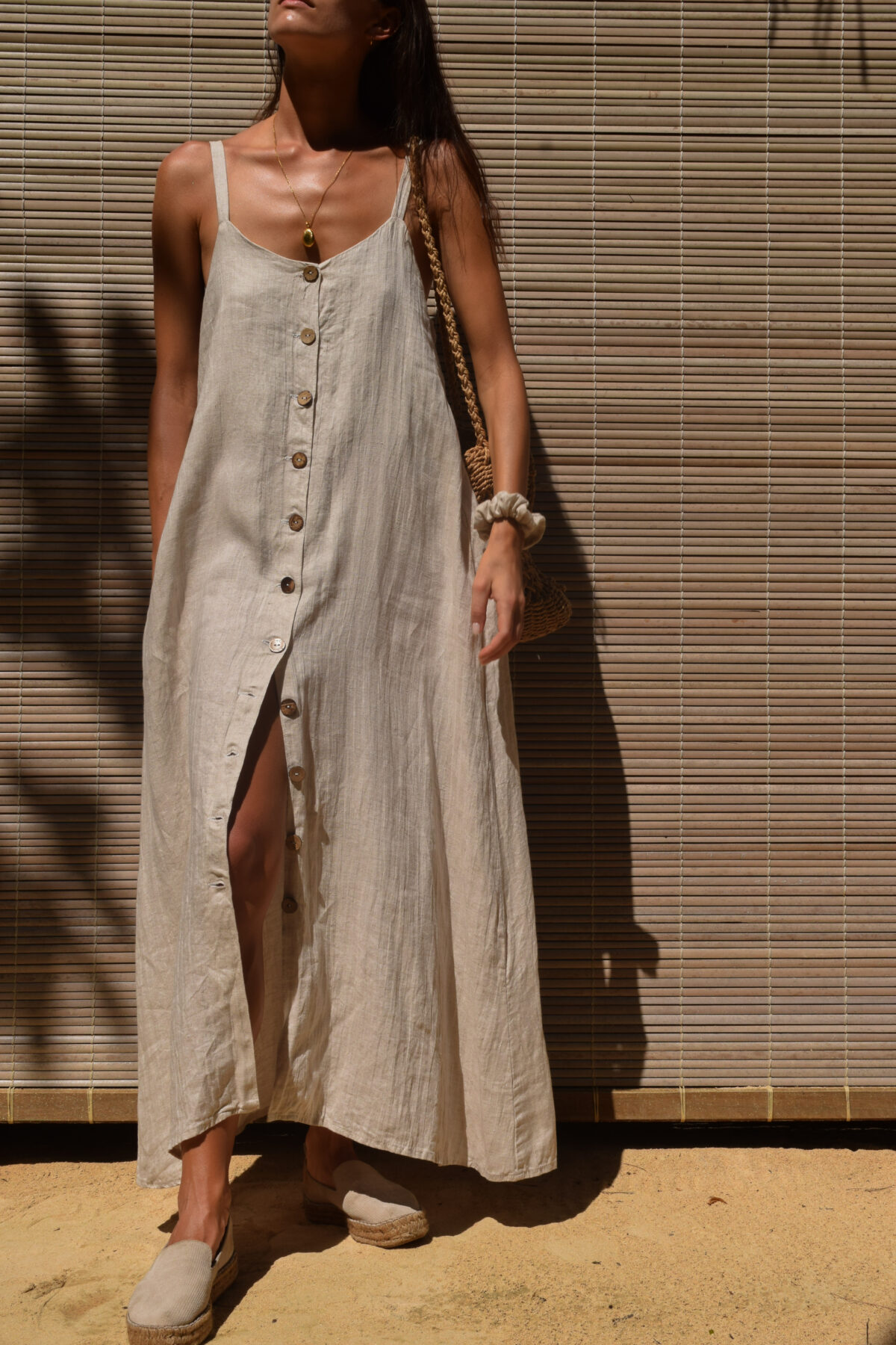 LINEN CLASSY MAXI DRESS - CREAMY GRAY - obrazek 10