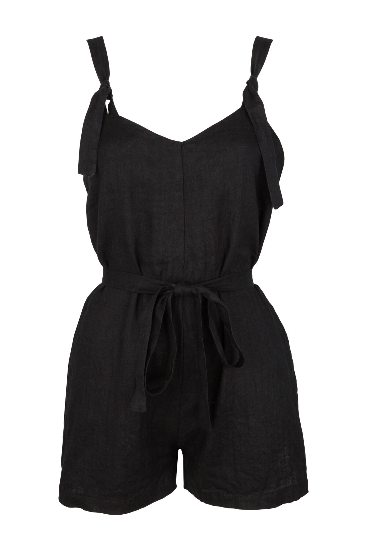 LINEN SHORT JUMPSUIT - BLACK - obrazek 3